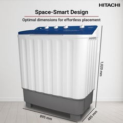 Hitachi 10kg Twin Tub Washing Machine with 8kg Spin Capacity, 1350 RPM, Air Jet Dry & Zen Wave Impeller – LTT H0JWT PFB, Pacific Blue