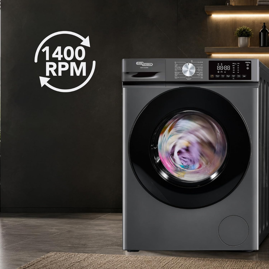 Super General SGW10450HDS 10kg Front Load Washing Machine, 1400 RPM Spin Speed, Inverter Motor, High-Capacity Laundry Washer