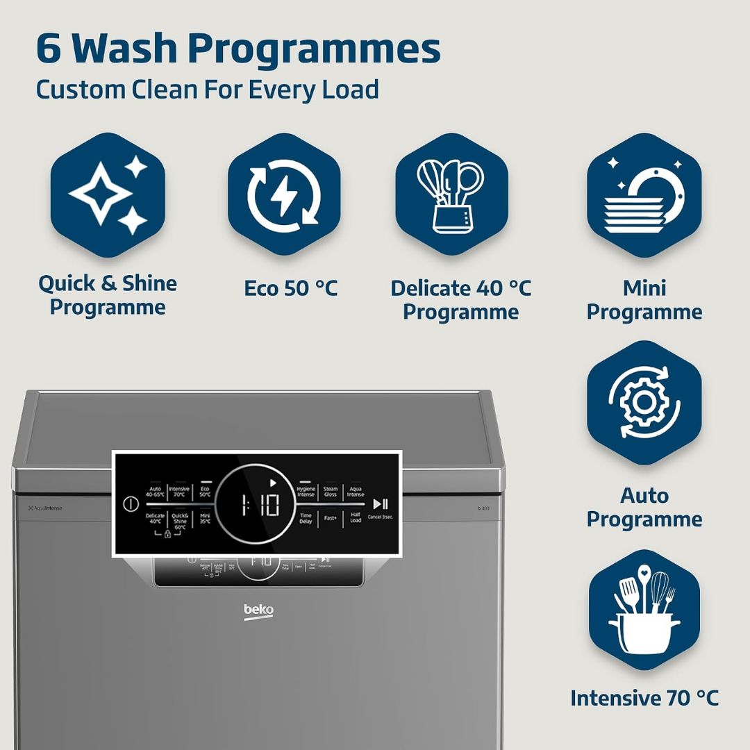 Beko BDFN36422SQ Freestanding Dishwasher, 14 Place Settings, 6 Wash Programs, 2 Racks, A++ Energy Rating, Quiet 46 dBA Operation, Sliding Cutlery Basket, ProSmart Inverter Motor