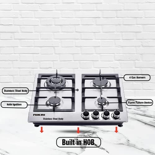 Nikai 4 Burner Gas Hob with Auto Ignition, Cast Iron Support, Full Safety Features, Straight Flame, Stainless Steel Body, Rapid Burner, Semi-Rapid Burner, Auxiliary Burner - NGH3005N