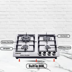 Nikai 4 Burner Gas Hob with Auto Ignition, Cast Iron Support, Full Safety Features, Straight Flame, Stainless Steel Body, Rapid Burner, Semi-Rapid Burner, Auxiliary Burner - NGH3005N