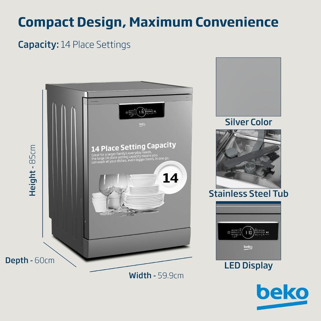 Beko BDFN36422SQ Freestanding Dishwasher, 14 Place Settings, 6 Wash Programs, 2 Racks, A++ Energy Rating, Quiet 46 dBA Operation, Sliding Cutlery Basket, ProSmart Inverter Motor