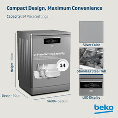 Beko BDFN36422SQ Freestanding Dishwasher, 14 Place Settings, 6 Wash Programs, 2 Racks, A++ Energy Rating, Quiet 46 dBA Operation, Sliding Cutlery Basket, ProSmart Inverter Motor