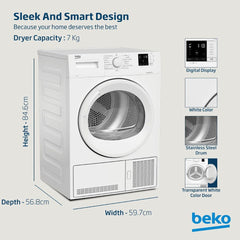 Beko 7kg Condenser Tumble Dryer with 15 Programs, AquaWave Technology & Sensor Drying – DC7W White