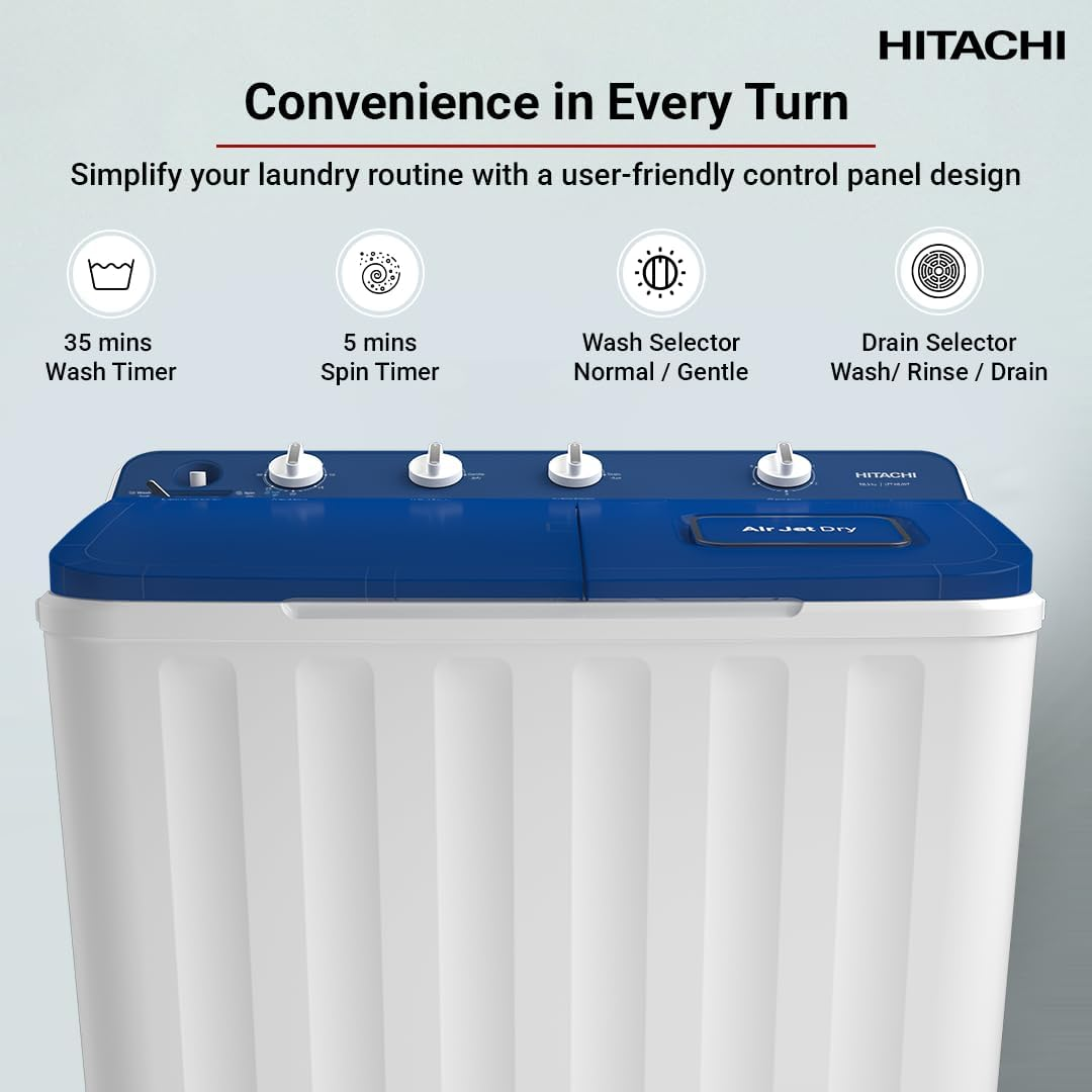 Hitachi 10kg Twin Tub Washing Machine with 8kg Spin Capacity, 1350 RPM, Air Jet Dry & Zen Wave Impeller – LTT H0JWT PFB, Pacific Blue