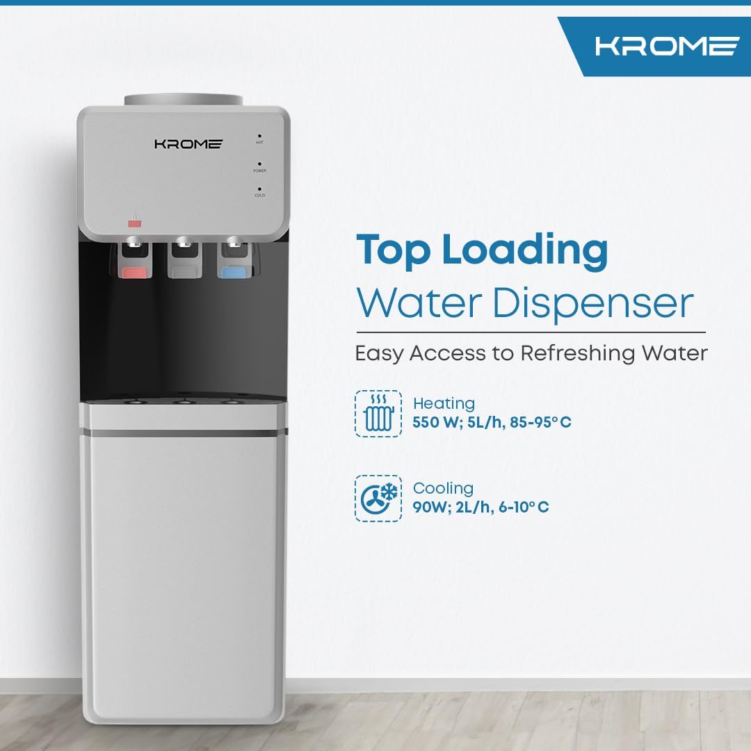 Krome Top Load Water Dispenser – Hot Cold Normal Child Lock Cabinet Storage KR-WDTL (Silver/Black)