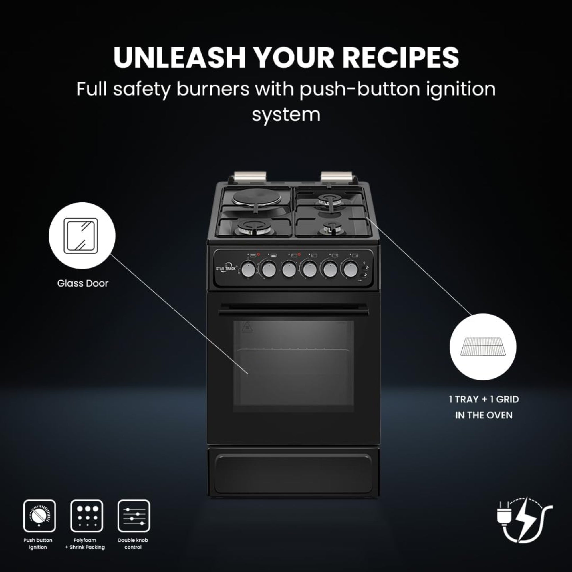 Star Track Freestanding Gas Cooker 50x60cm 3 Burners Full Safety Rotisserie Auto Ignition SG-KL5060-SB