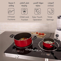 DOMEA 2-Burner Infrared Cooktop, 3600W Electric Dual Burner, LED Display, 4 Preset Cooking Functions, Child Lock, Compatible with All Cookware, A-Grade Micro Crystal Panel, For Fast & Easy Cooking, KC145