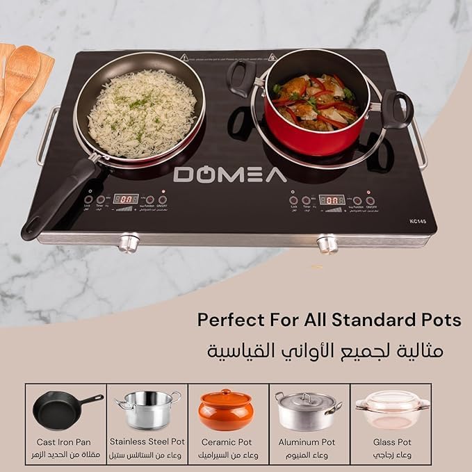 DOMEA 2-Burner Infrared Cooktop, 3600W Electric Dual Burner, LED Display, 4 Preset Cooking Functions, Child Lock, Compatible with All Cookware, A-Grade Micro Crystal Panel, For Fast & Easy Cooking, KC145