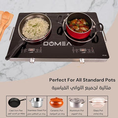 DOMEA 2-Burner Infrared Cooktop, 3600W Electric Dual Burner, LED Display, 4 Preset Cooking Functions, Child Lock, Compatible with All Cookware, A-Grade Micro Crystal Panel, For Fast & Easy Cooking, KC145