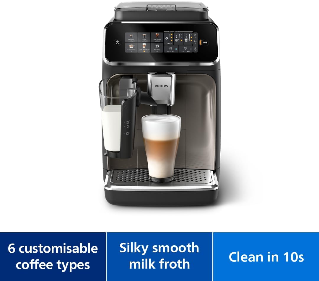 Philips Fully Automatic Coffee Machine Series 3300-6 Beverages, 1.8L Water Capacity, 1500W, LatteGo, SilentBrew, Coloured Touch Display, 12 Grinder Settings, Black Chrome - EP3347/90