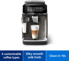 Philips Fully Automatic Coffee Machine Series 3300-6 Beverages, 1.8L Water Capacity, 1500W, LatteGo, SilentBrew, Coloured Touch Display, 12 Grinder Settings, Black Chrome - EP3347/90