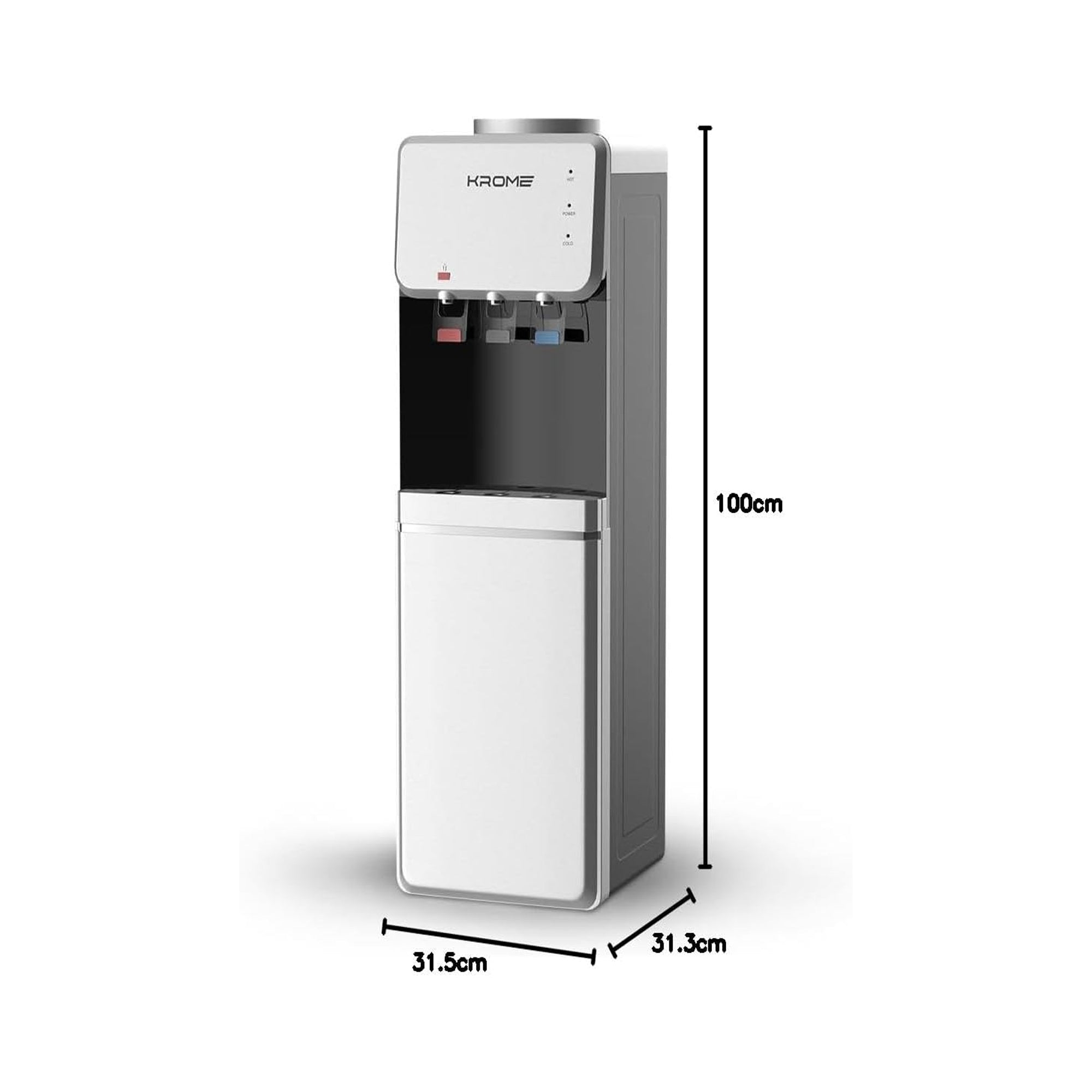 Krome Top Load Water Dispenser – Hot Cold Normal Child Lock Cabinet Storage KR-WDTL (Silver/Black)