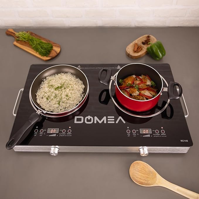 DOMEA 2-Burner Infrared Cooktop, 3600W Electric Dual Burner, LED Display, 4 Preset Cooking Functions, Child Lock, Compatible with All Cookware, A-Grade Micro Crystal Panel, For Fast & Easy Cooking, KC145