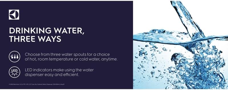 Electrolux Water Dispenser, Top Loading, 3-taps Equipped with Hot Cold and Ambient Temperature, Floor Standing, LED Indicator, Child Safety Lock for Faucet, Ideal for Home, Office & Pantry, EDBMFSXWG