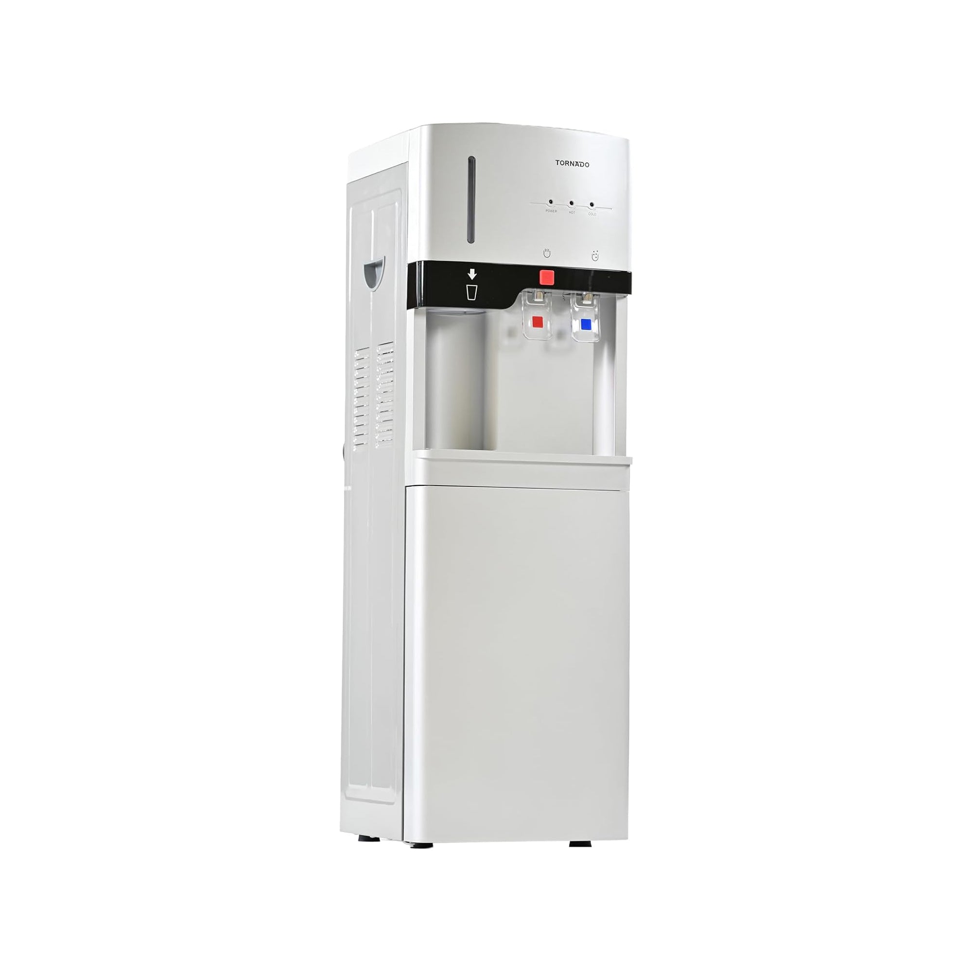 Tornado Top Load Water Dispenser – Hot & Cold Cup Holder Cabinet Storage TWD-L3CHE-S (Silver)
