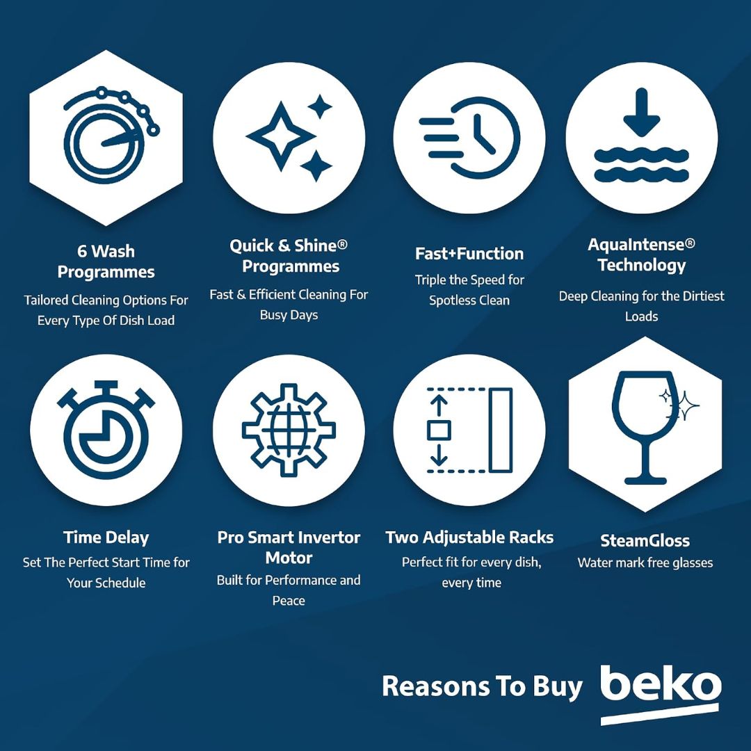 Beko BDFN36422SQ Freestanding Dishwasher, 14 Place Settings, 6 Wash Programs, 2 Racks, A++ Energy Rating, Quiet 46 dBA Operation, Sliding Cutlery Basket, ProSmart Inverter Motor