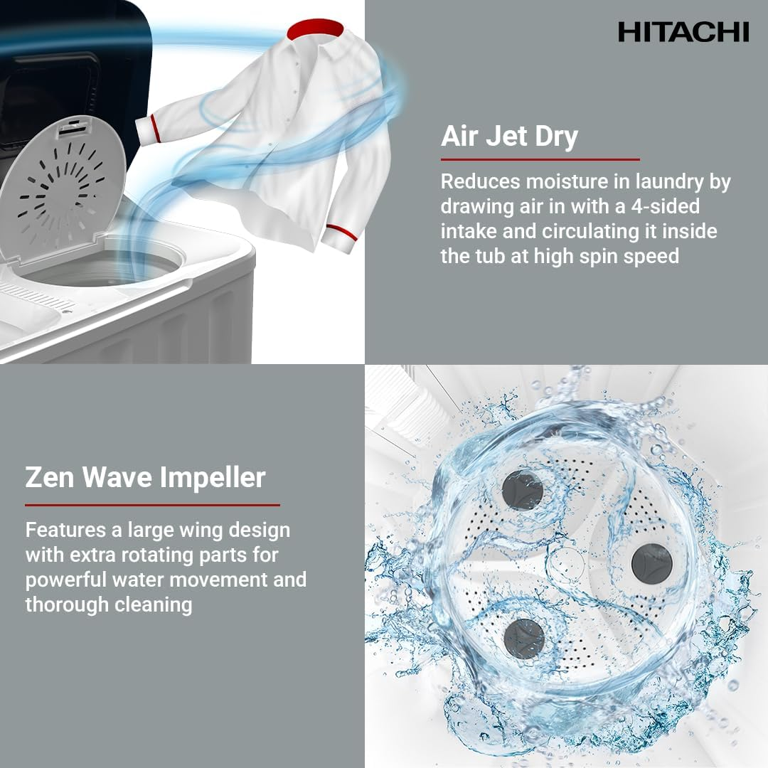 Hitachi 10kg Twin Tub Washing Machine with 8kg Spin Capacity, 1350 RPM, Air Jet Dry & Zen Wave Impeller – LTT H0JWT PFB, Pacific Blue