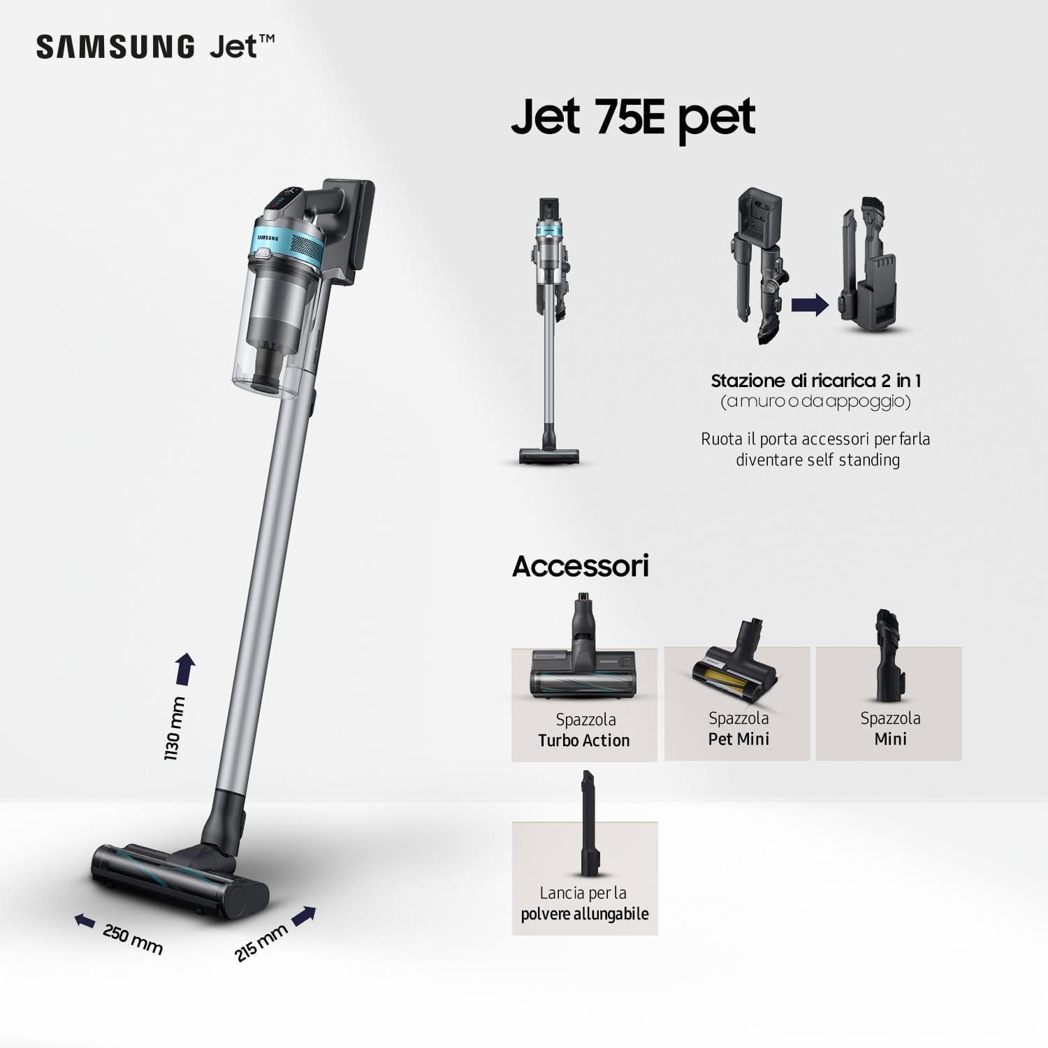 Samsung Cordless Stick Vacuum Cleaner 200W Suction 60min Runtime Jet Cyclone Digital Inverter Motor VS20B75AGR1