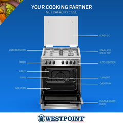 Westpoint 60×60 cm Freestanding Gas Cooker with 4 Burners – Gas Oven Auto Ignition WCE-6060FS (Silver)