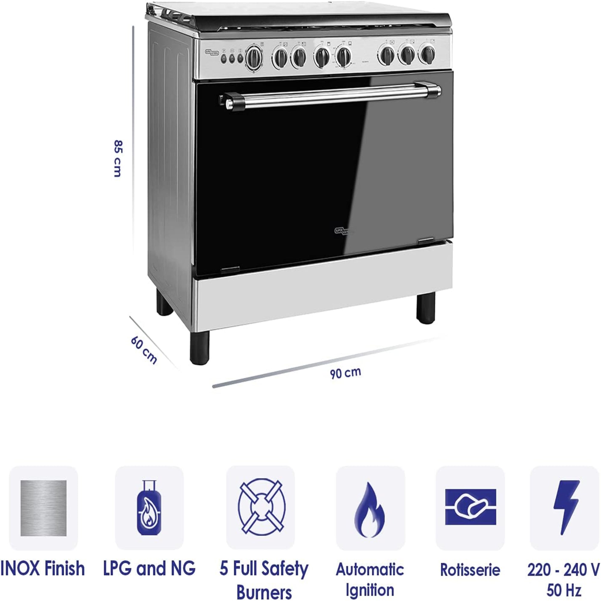 Super General 90×60 cm Freestanding Gas Cooker with 5 Burners – Gas Oven Grill & Rotisserie SGC901FS