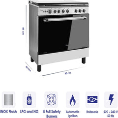 Super General 90×60 cm Freestanding Gas Cooker with 5 Burners – Gas Oven Grill & Rotisserie SGC901FS