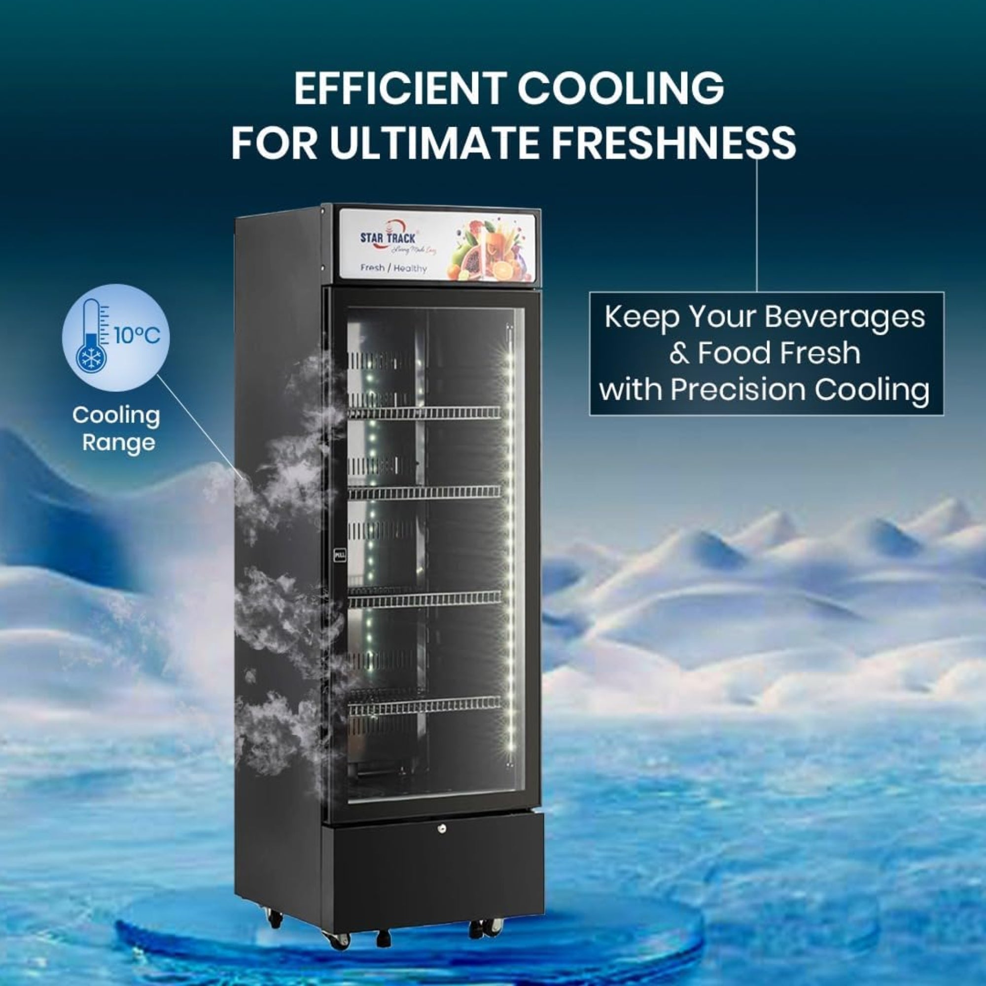 Star Track 350L Showcase Chiller Freezer Glass Door Adjustable Shelves Temperature Control ST-BCH350L