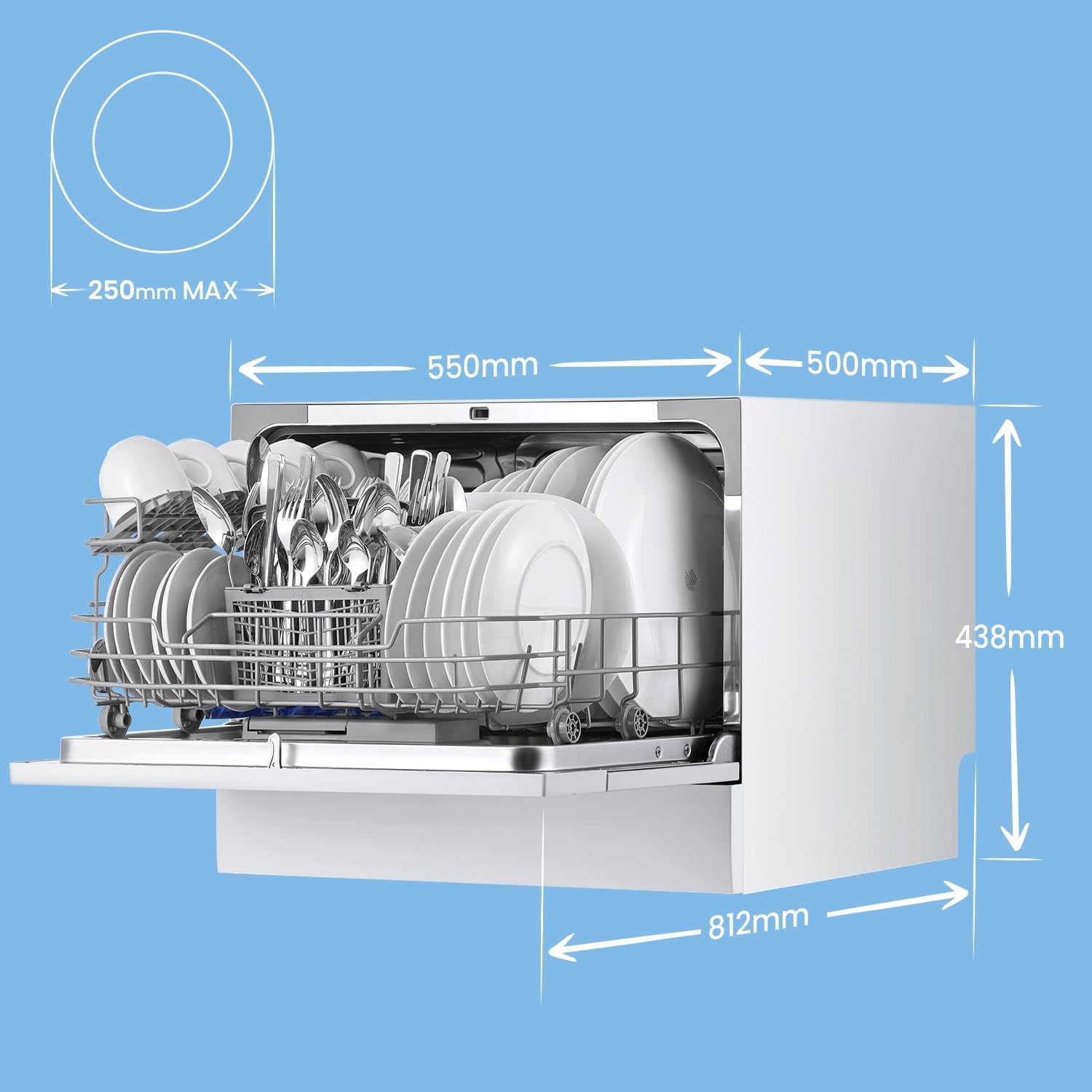 COMFEE' Dishwasher 6 Places with 7 Programe Super Quiet Rapid Wash ECO 70 C°Hygiene Wash, Flexible Installation Wi-Fi Function APP Control- White