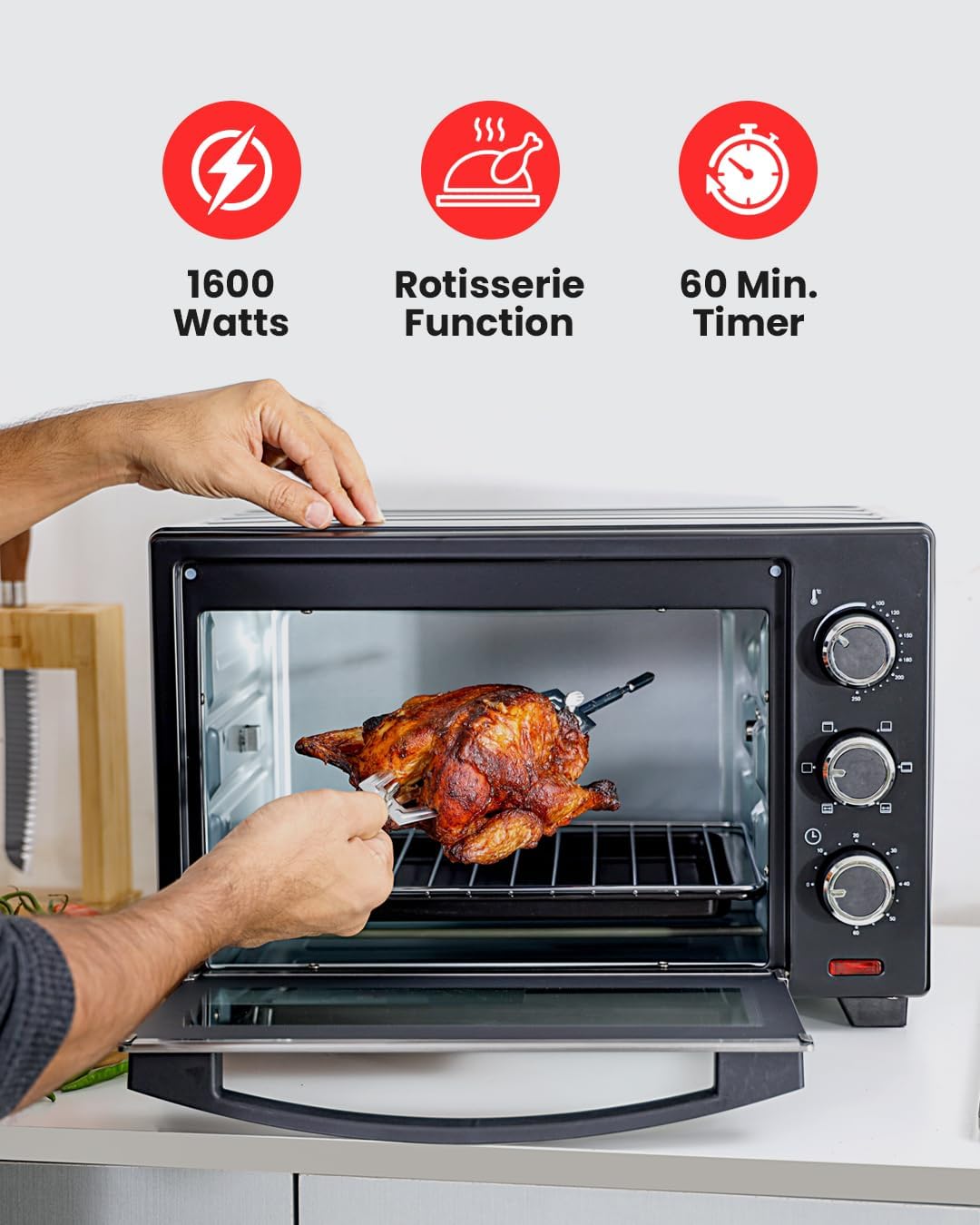 Olsenmark 24L Electric Oven with Rotisserie Function | 1600W Countertop Oven for Grilling, Toasting & Roasting | 6 Heating Stages, 60-Minute Timer with Bell | Stainless Steel Heating Elements, OMO2277