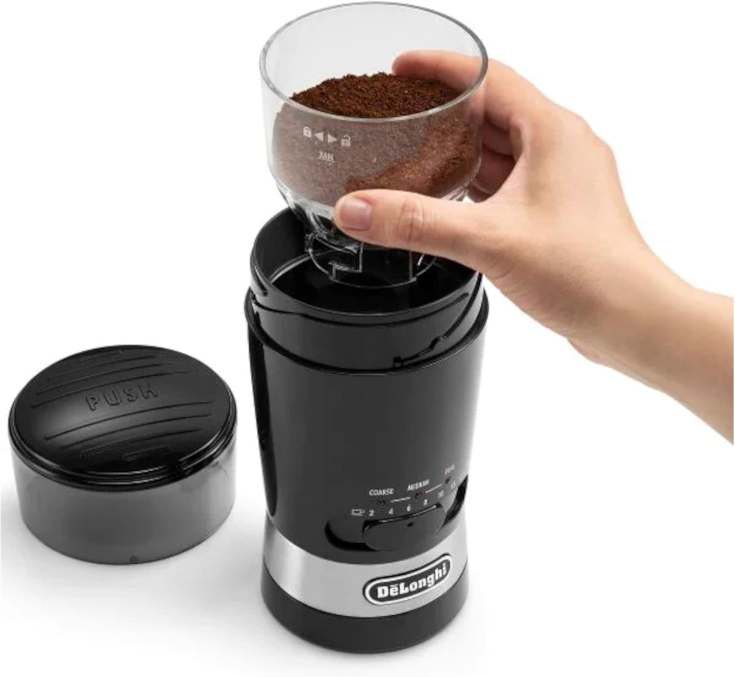 De'Longhi Electric Coffee & Spices Grinder Mill With Stainless Steel Blade , & 3 Grinding Level Settings , 12 Cups Capacity , KG210 , Black