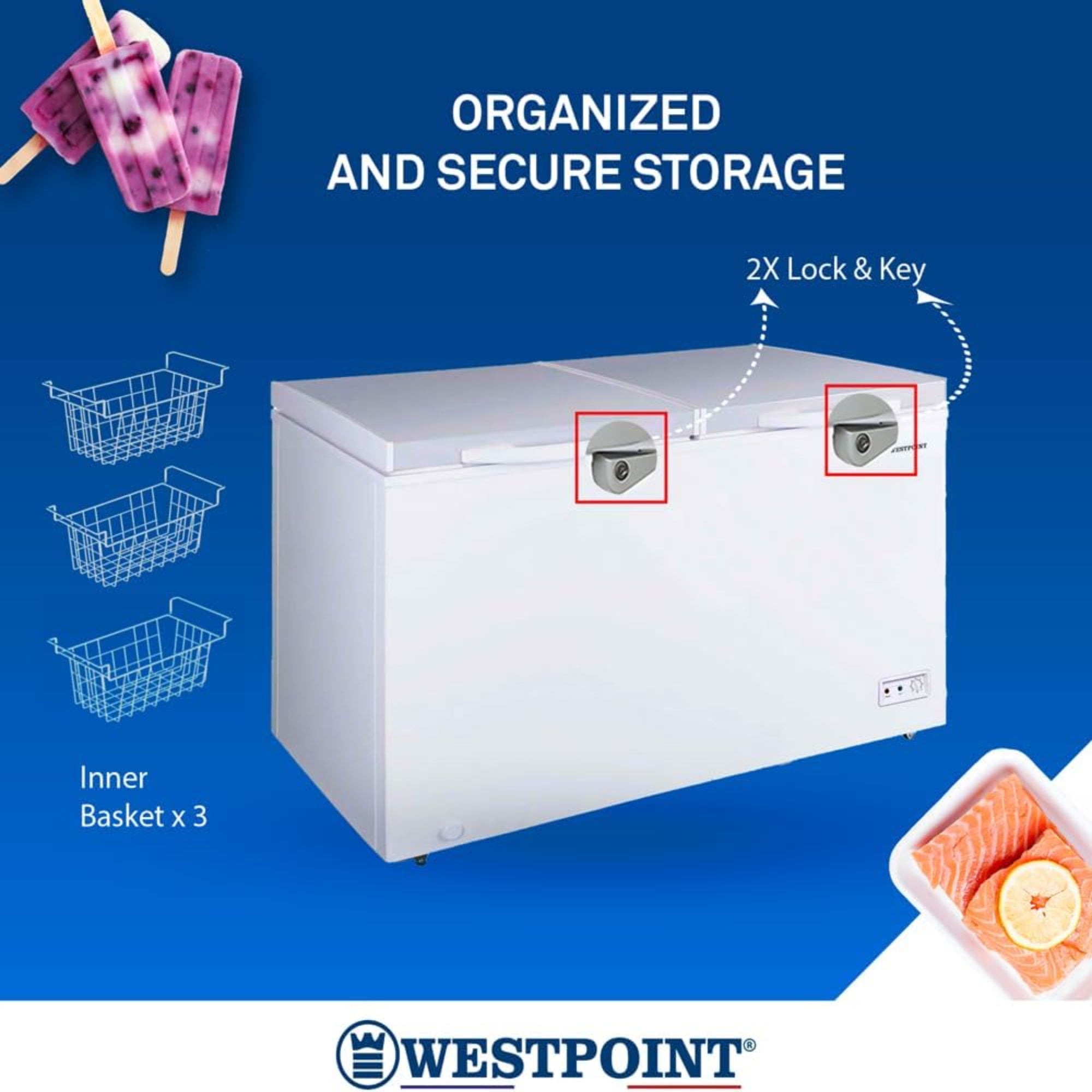 Westpoint Chest Freezer 700 L – Large Capacity Adjustable Thermostat Lock & Key & Removable Storage Baskets WBXN-7019EWG2L