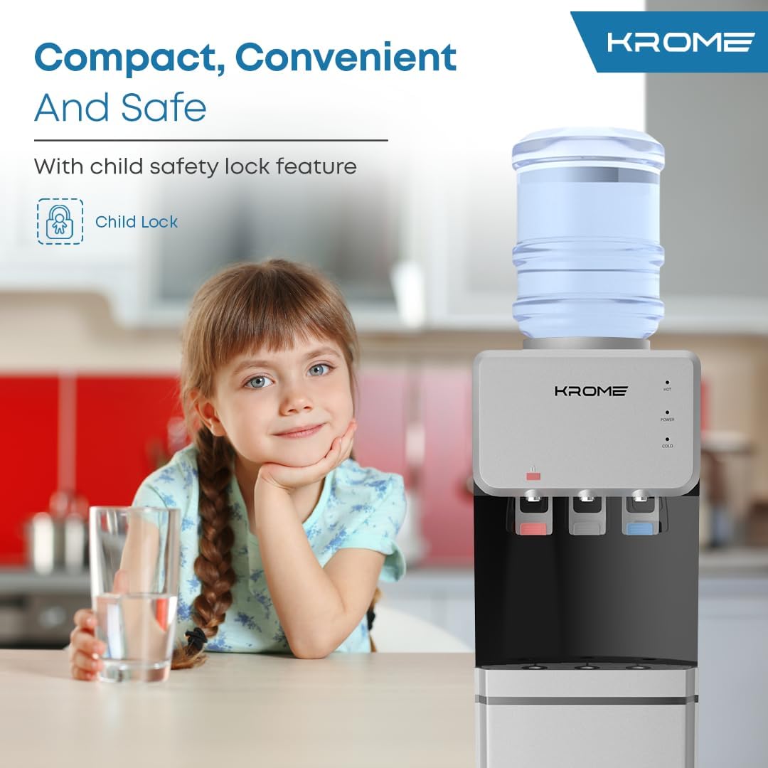 Krome Top Load Water Dispenser – Hot Cold Normal Child Lock Cabinet Storage KR-WDTL (Silver/Black)