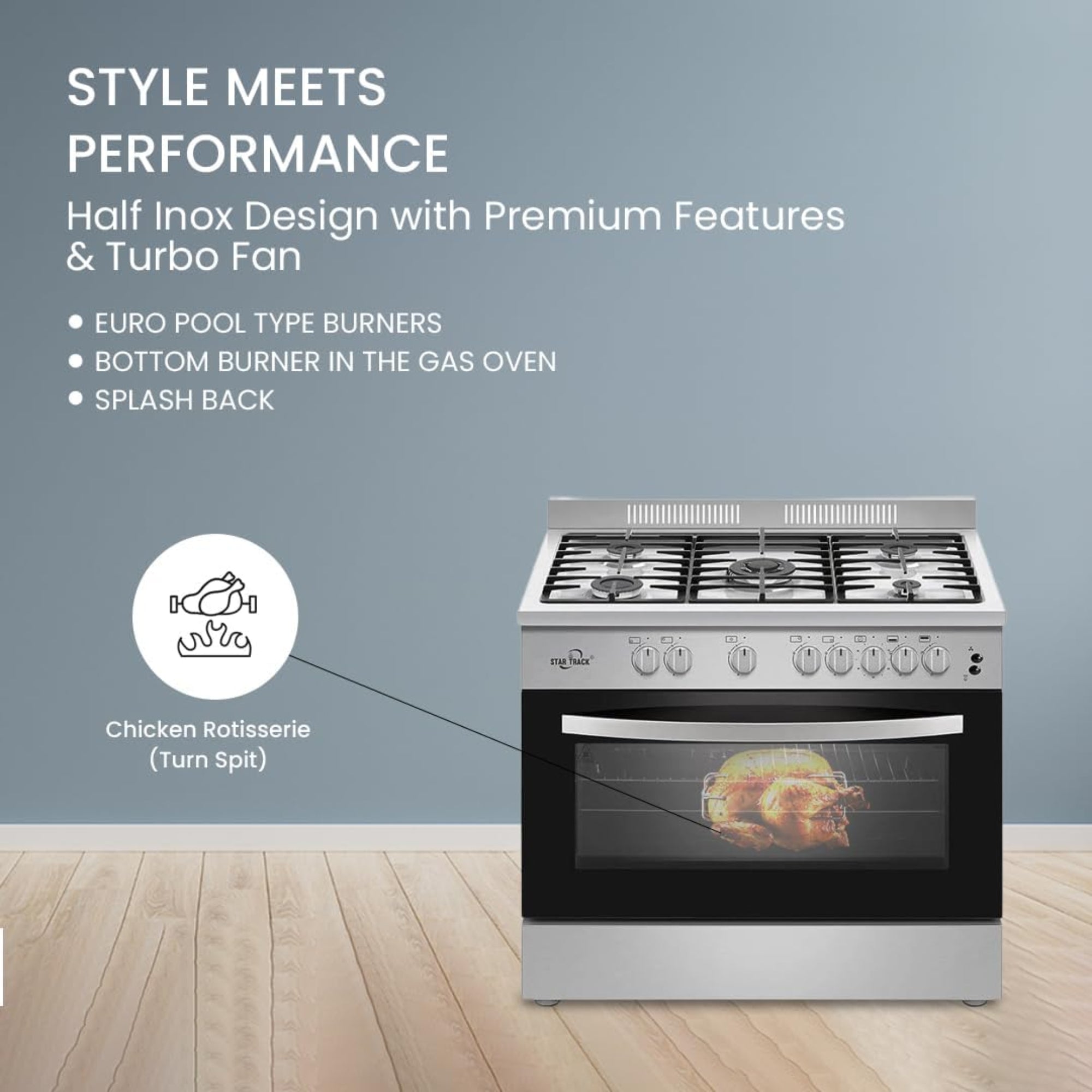 Star Track Freestanding Gas Cooker 90x60cm 5 Burners Full Safety Rotisserie Auto Ignition SG-KL9060-HI