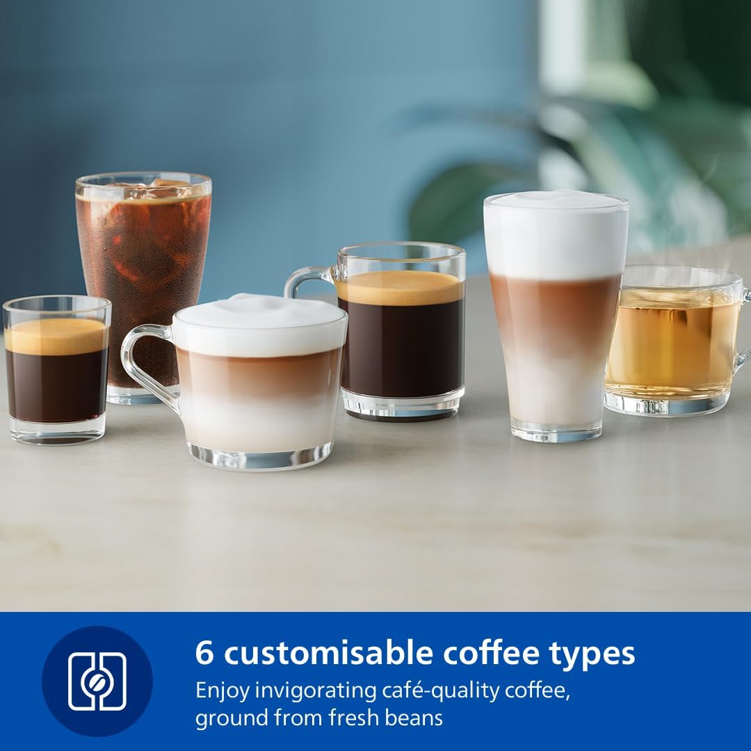 Philips Fully Automatic Coffee Machine Series 3300-6 Beverages, 1.8L Water Capacity, 1500W, LatteGo, SilentBrew, Coloured Touch Display, 12 Grinder Settings, Black Chrome - EP3347/90