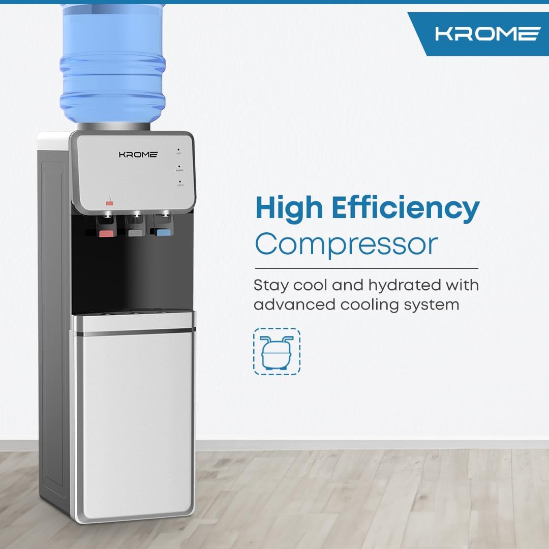 Krome Top Load Water Dispenser – Hot Cold Normal Child Lock Cabinet Storage KR-WDTL (Silver/Black)