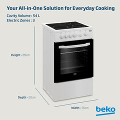Beko 50×50 cm Ceramic Electric Cooker with 3 Zones – 54L Oven CSS48100GW