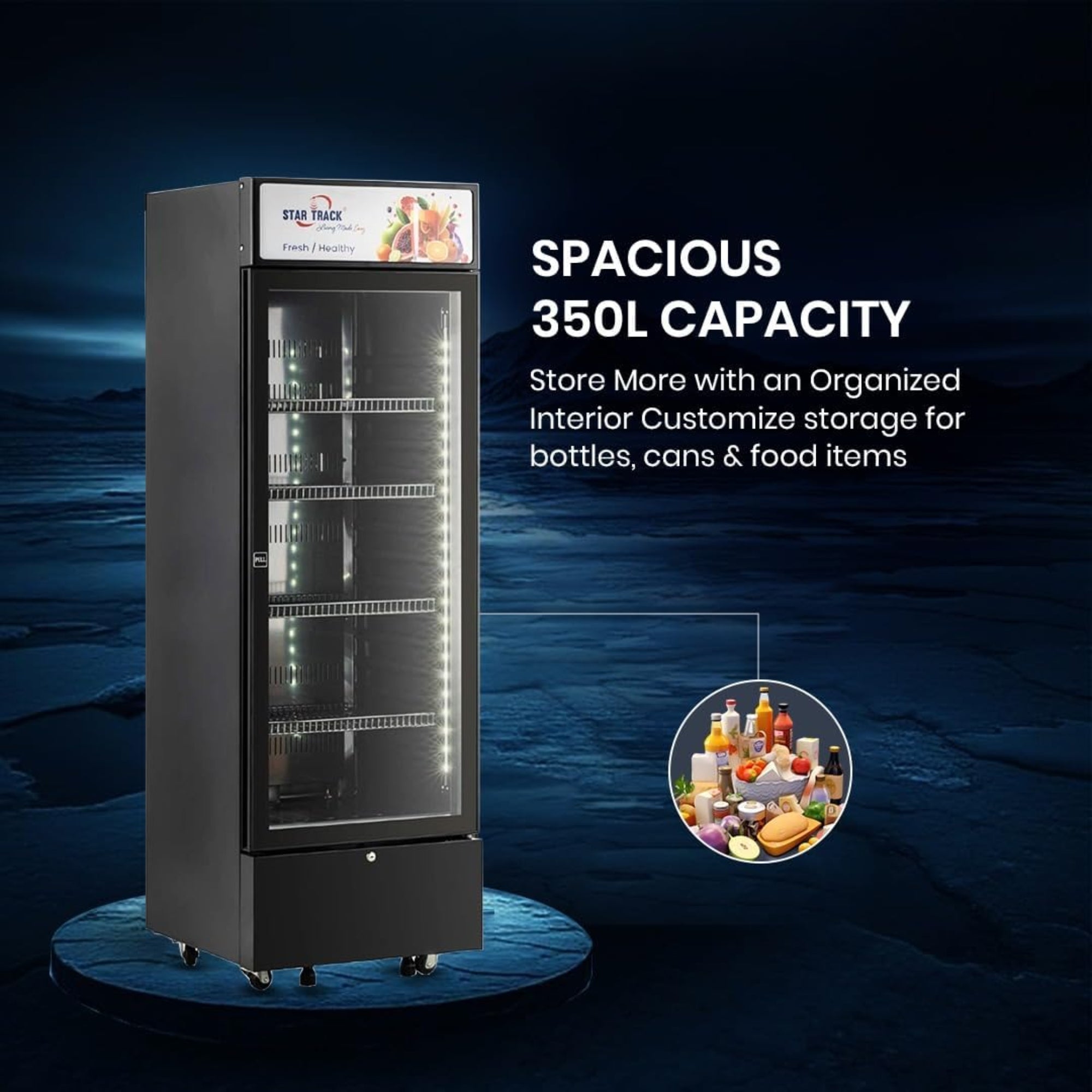 Star Track 350L Showcase Chiller Freezer Glass Door Adjustable Shelves Temperature Control ST-BCH350L
