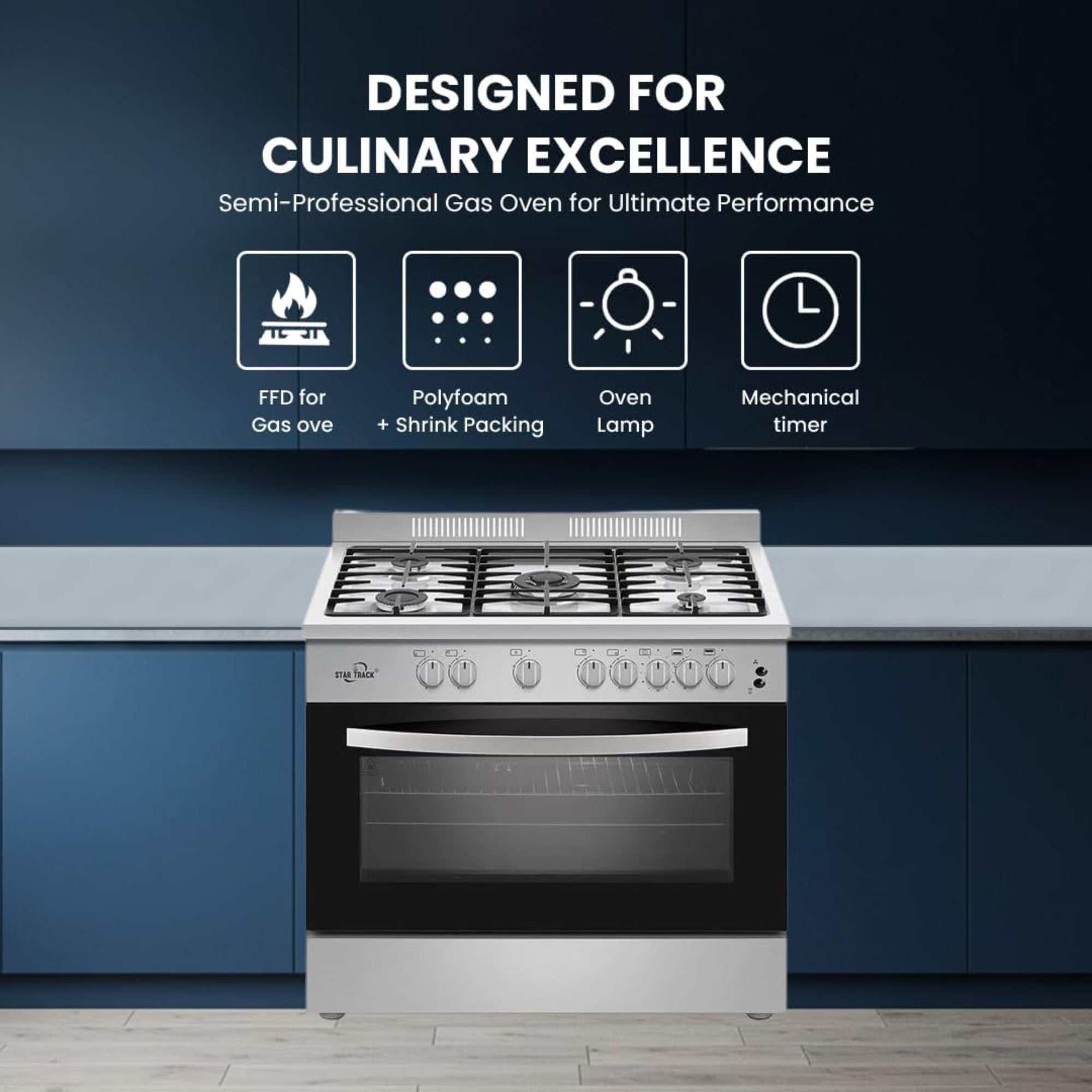 Star Track Freestanding Gas Cooker 90x60cm 5 Burners Full Safety Rotisserie Auto Ignition SG-KL9060-HI