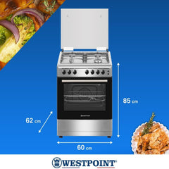 Westpoint 60×60 cm Freestanding Gas Cooker with 4 Burners – Gas Oven Auto Ignition WCE-6060FS (Silver)