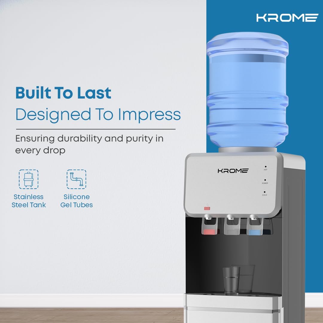 Krome Top Load Water Dispenser – Hot Cold Normal Child Lock Cabinet Storage KR-WDTL (Silver/Black)