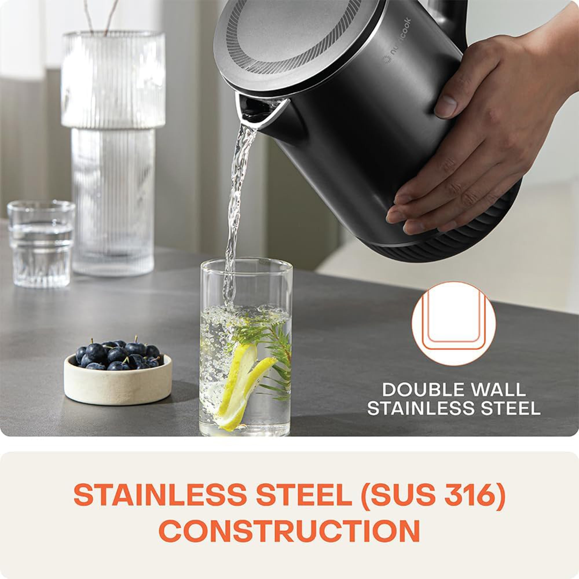 Nutricook Stainless Steel Electric Kettle 1.7L 1800W U-Shaped Heating Surgical Grade Steel Fast Boil NC-USK501