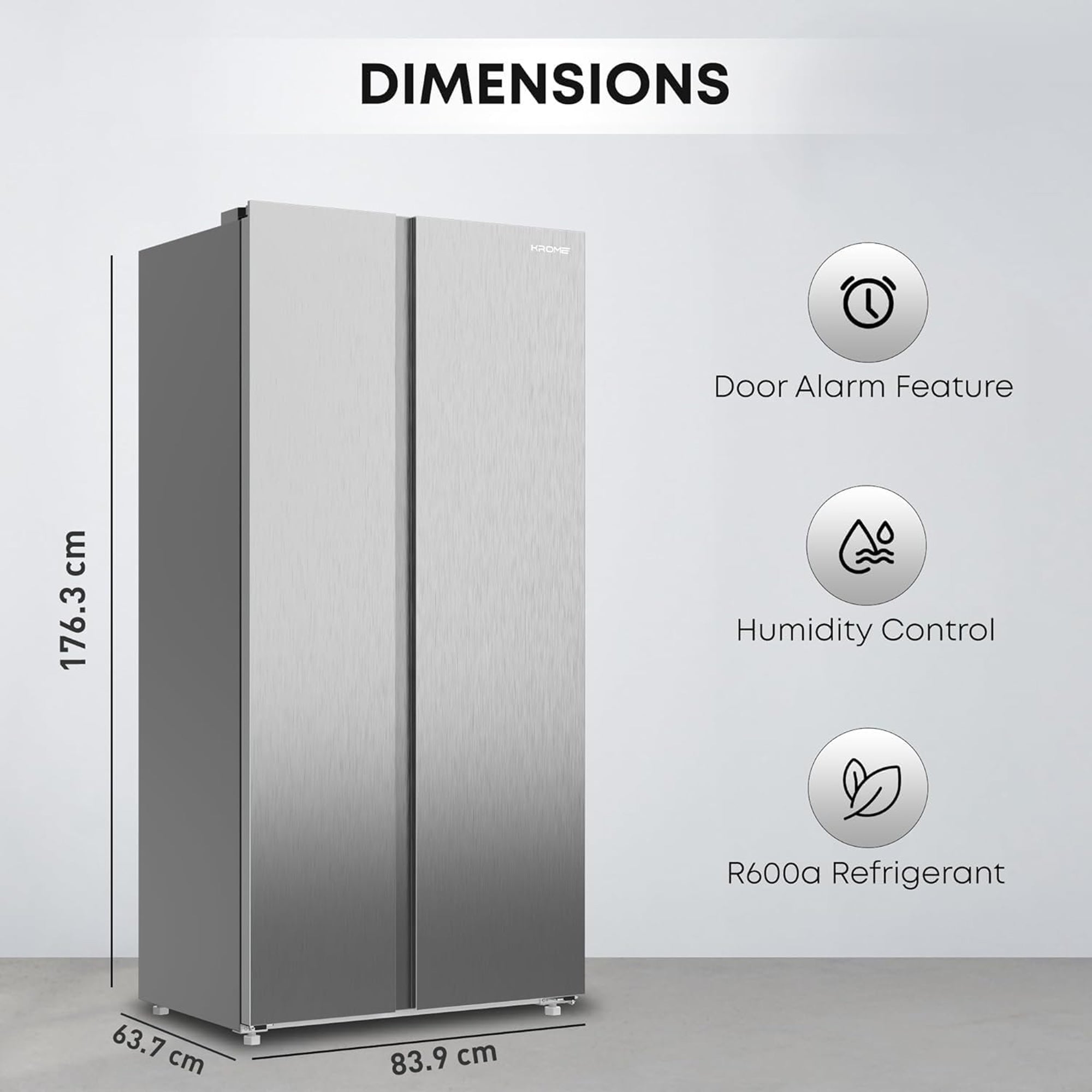 KROME 600L Gross Side By Side Refrigerator with Multi Air Flow System KR-SBS601SM (Silver)