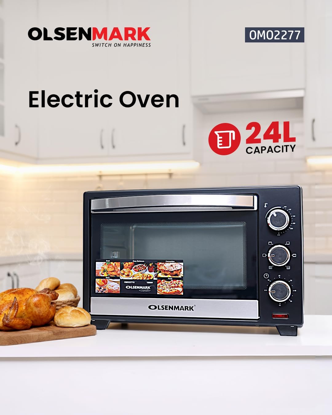 Olsenmark 24L Electric Oven with Rotisserie Function | 1600W Countertop Oven for Grilling, Toasting & Roasting | 6 Heating Stages, 60-Minute Timer with Bell | Stainless Steel Heating Elements, OMO2277