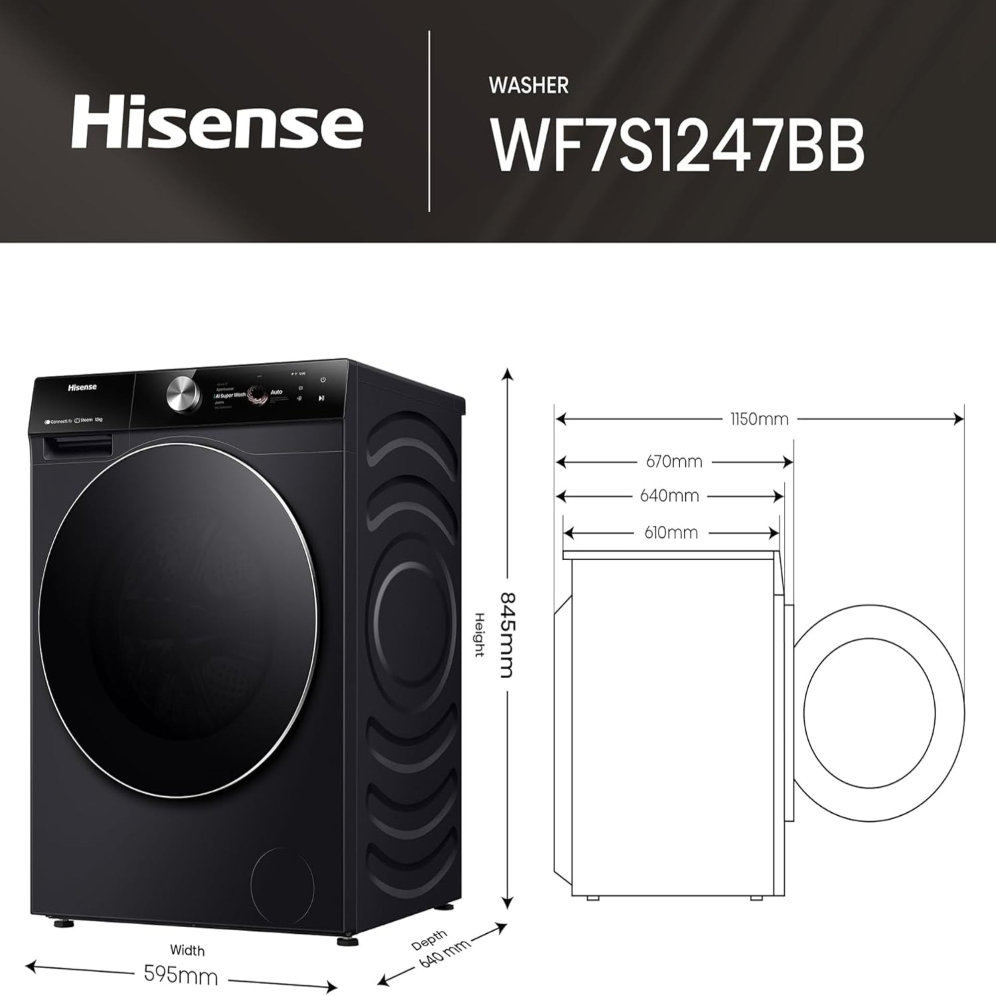 Hisense 12 kg Front Load Washing Machine – 1400 RPM Inverter Motor Smart WiFi Auto Dose WF7S1247BB