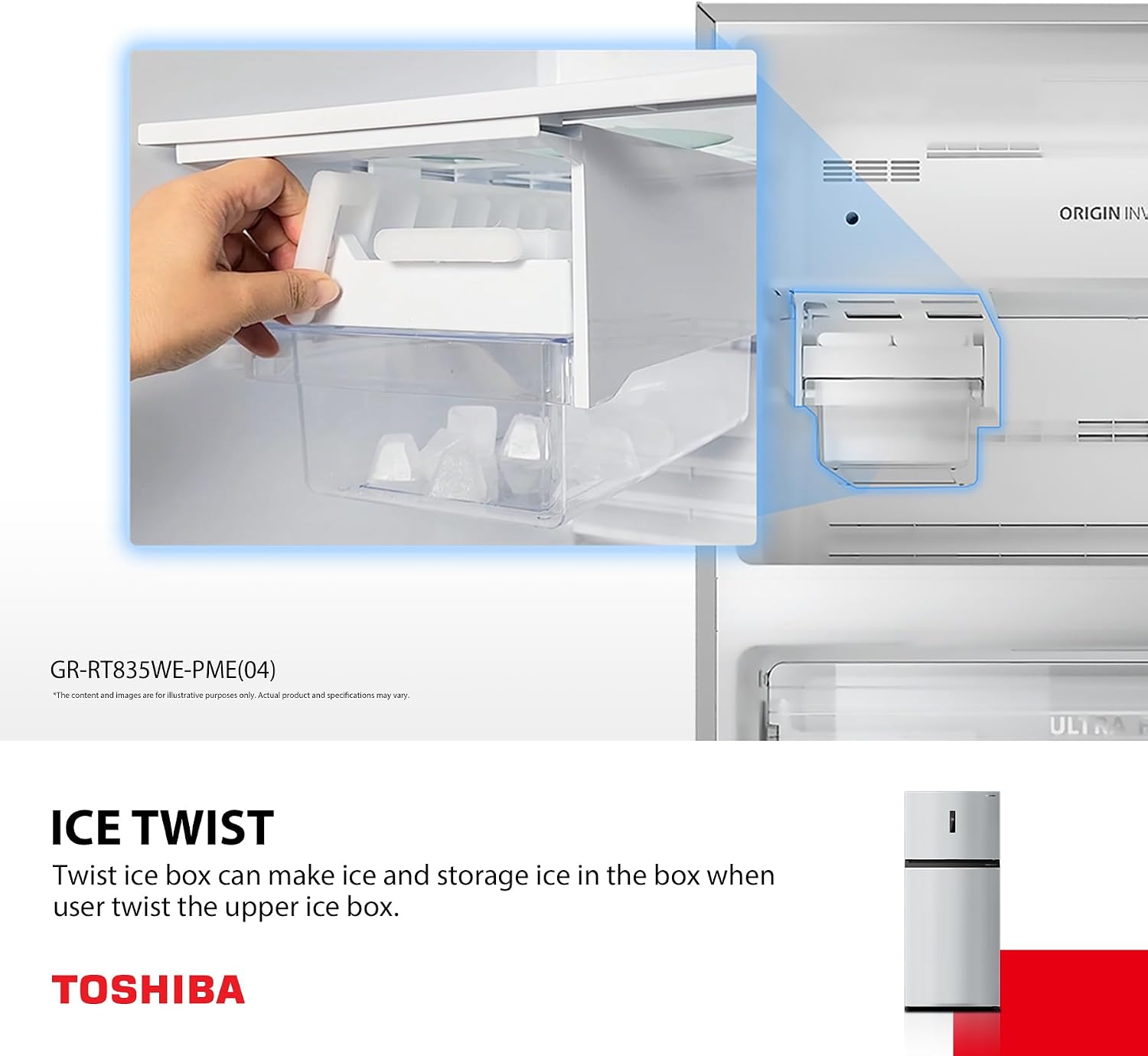 Toshiba 611L Top Mount Refrigerator, Inverter, Pure Air, Ultra Fresh Chiller, No Frost, Twist Ice Maker (Stainless Steel) – GR-RT835WE-PME