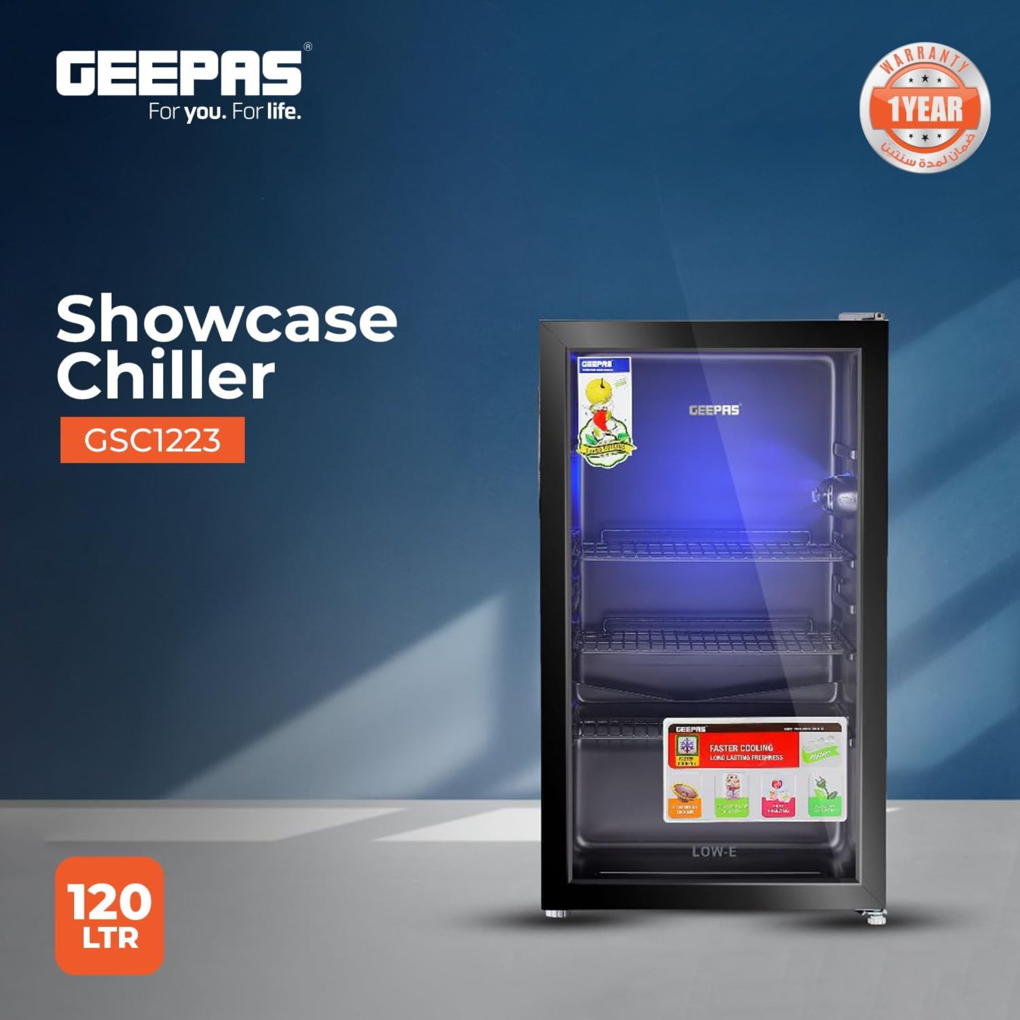 Geepas Showcase Chiller 120L – Quick Cooling Low-E Glass Door & Low Noise GSC1223B