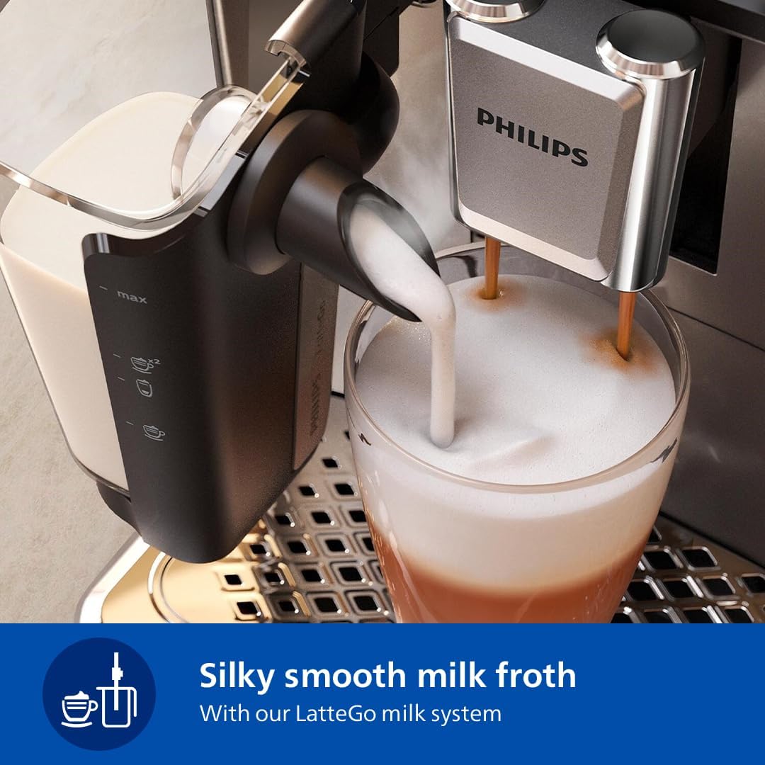 Philips Fully Automatic Coffee Machine Series 3300-6 Beverages, 1.8L Water Capacity, 1500W, LatteGo, SilentBrew, Coloured Touch Display, 12 Grinder Settings, Black Chrome - EP3347/90