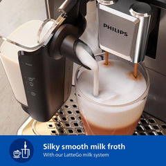 Philips Fully Automatic Coffee Machine Series 3300-6 Beverages, 1.8L Water Capacity, 1500W, LatteGo, SilentBrew, Coloured Touch Display, 12 Grinder Settings, Black Chrome - EP3347/90