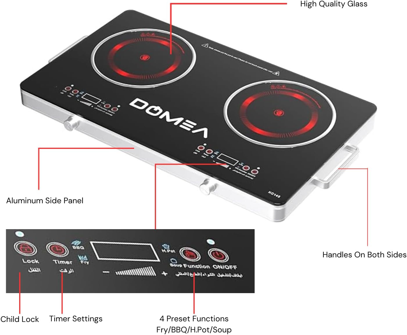 DOMEA 2-Burner Infrared Cooktop, 3600W Electric Dual Burner, LED Display, 4 Preset Cooking Functions, Child Lock, Compatible with All Cookware, A-Grade Micro Crystal Panel, For Fast & Easy Cooking, KC145