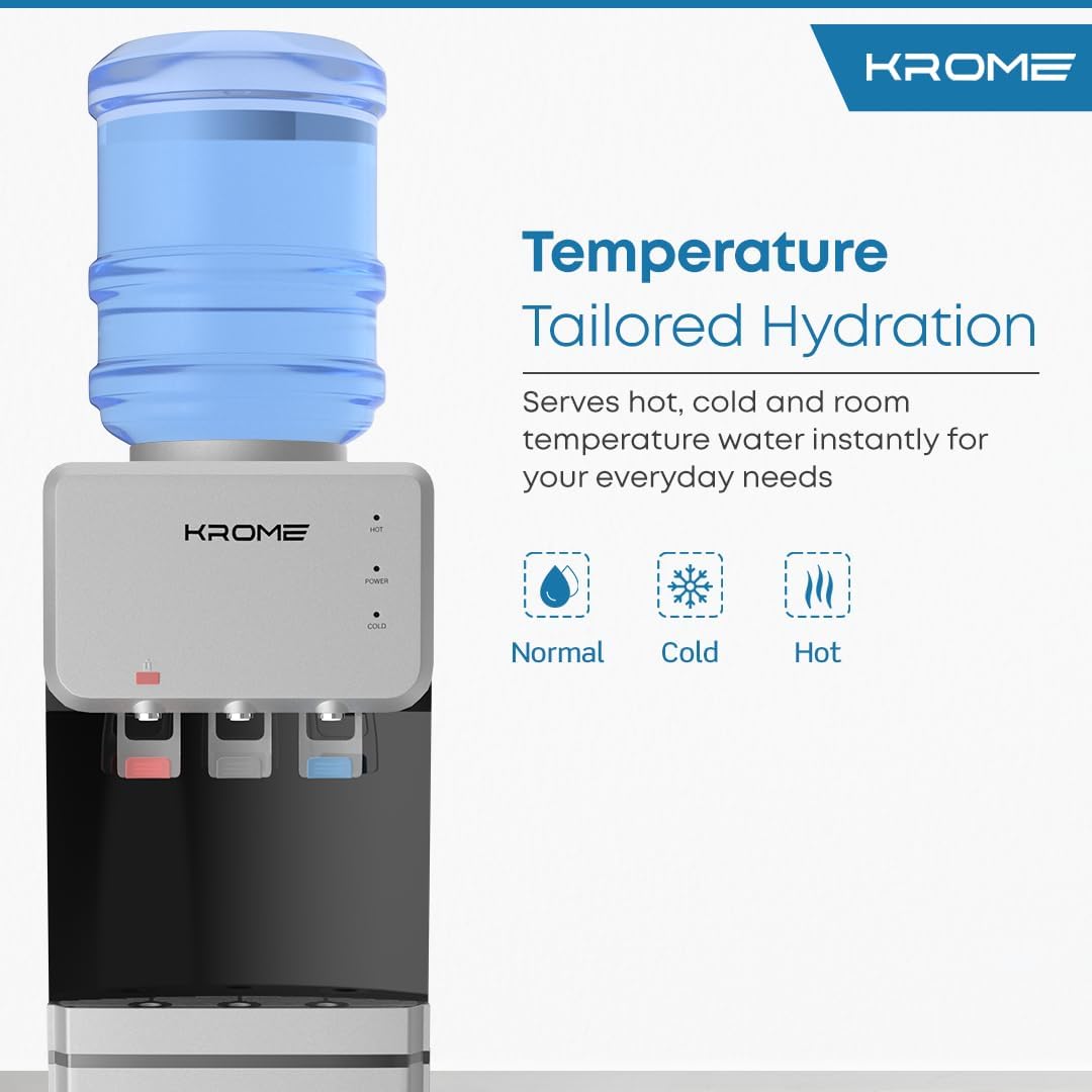 Krome Top Load Water Dispenser – Hot Cold Normal Child Lock Cabinet Storage KR-WDTL (Silver/Black)